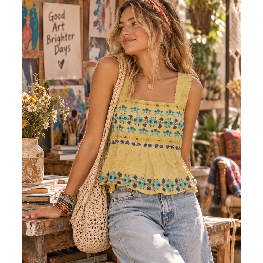 Natural Life Embroidered Boho Crop Top Yellow Floral Smocked Back Size L